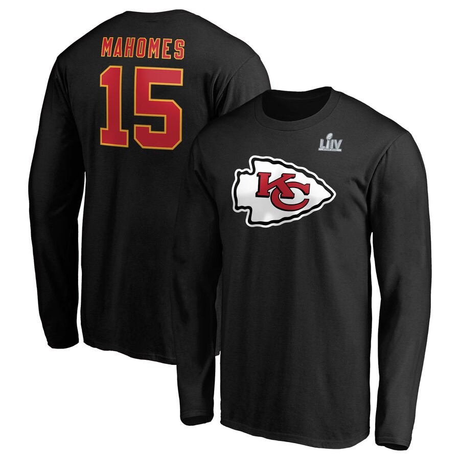 Men's Kansas City Chiefs #15 Patrick Mahomes NFL Black Super Bowl LIV Bound Halfback Player Name & Number Long Sleeve T-Shirt